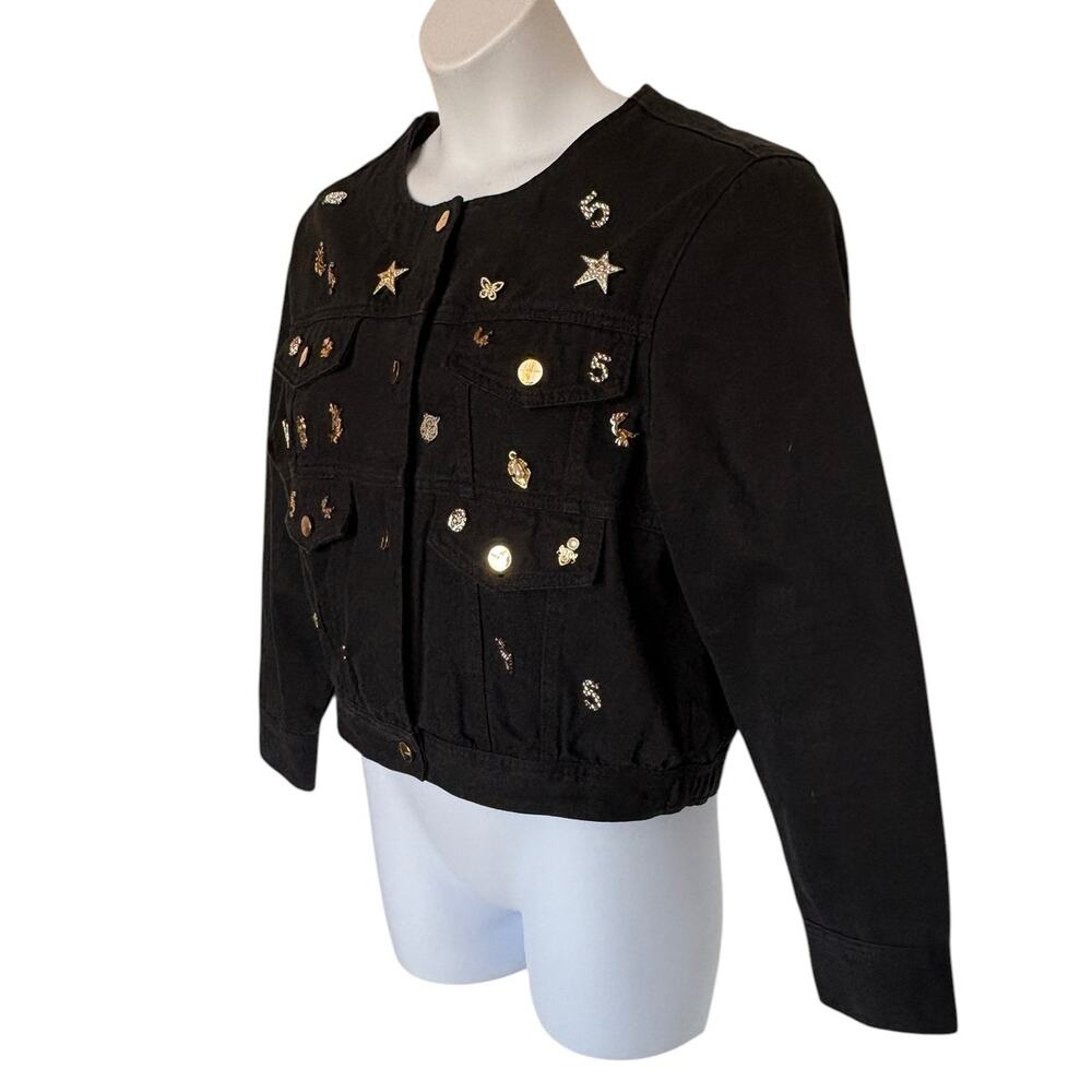 Oo La La Black Denim Embellished Collarless "Charm" Jacket Whimsy Bling size L - Picture 6 of 16